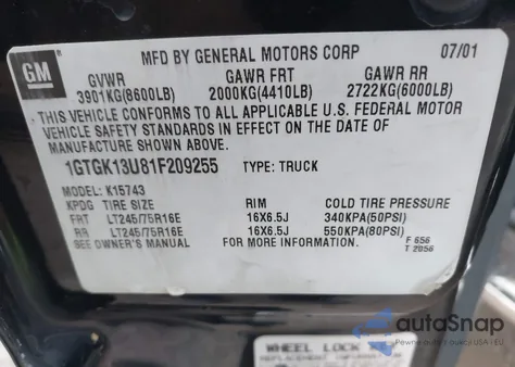 2001 GMC Sierra 1500Hd Sle z USA, uszkodzony, nr VIN 1GTGK13U81F209255